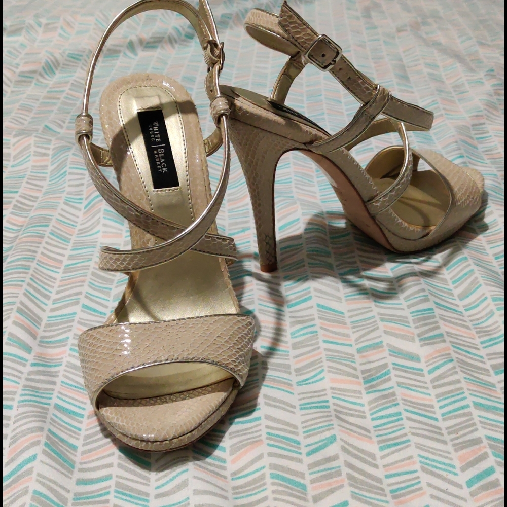 WHBM beige 7.5 4" strappy evening heels